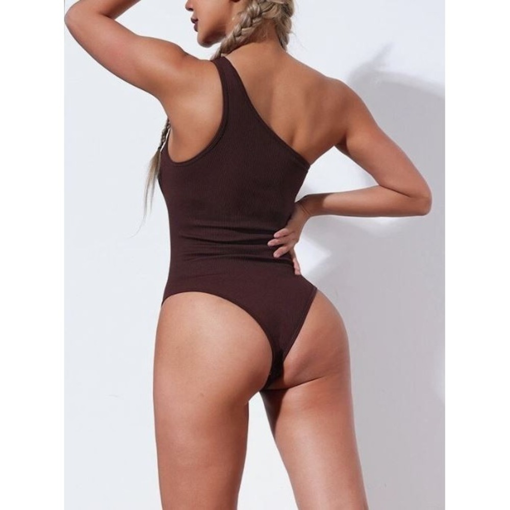 Melrose and Market Women's One Shoulder Thong Bodysuit in Brown Java Large
